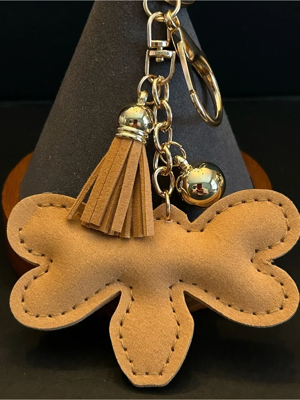 PREMIUM Puffy Crystal Bee Tassel Bag Charm Keychain - Gold & Tan